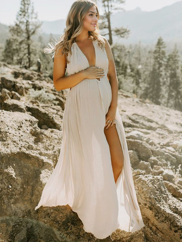 Momsmood Solid Color Cut Out V-Neck Side Slit Backless Tassel Halter Neck Vacation Photoshoot Maternity Maxi Dress
