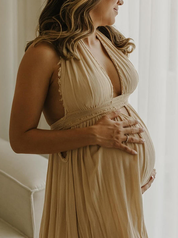 Momsmood Solid Color Cut Out V-Neck Side Slit Backless Tassel Halter Neck Vacation Photoshoot Maternity Maxi Dress