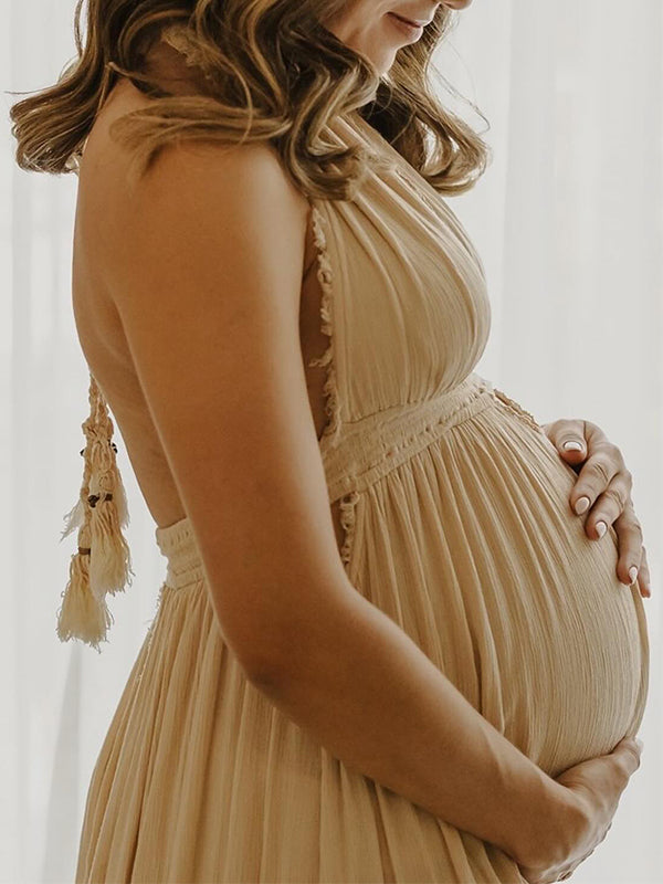 Momsmood Solid Color Cut Out V-Neck Side Slit Backless Tassel Halter Neck Vacation Photoshoot Maternity Maxi Dress