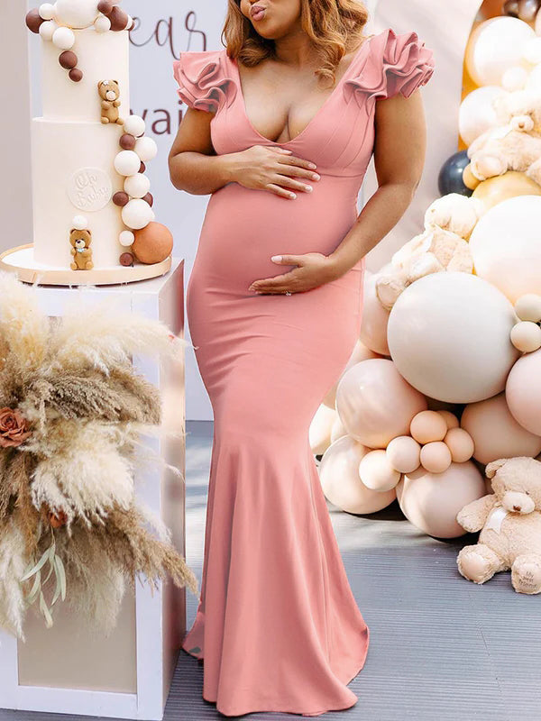 Momsmood Pink Ruffle Backless V-Neck Mermaid Bodycon Baby Shower Maternity Maxi Dress