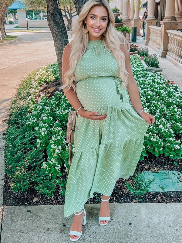 Momsmood Sashes Green Polka Dot Big Swing Cute Maternity Maxi Dress