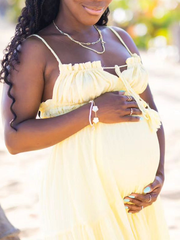 Momsmood Solid Color Ruffle Backless Spaghetti Strap Cut Out Tassel Drawstring Babyshower Maternity Maxi Dress