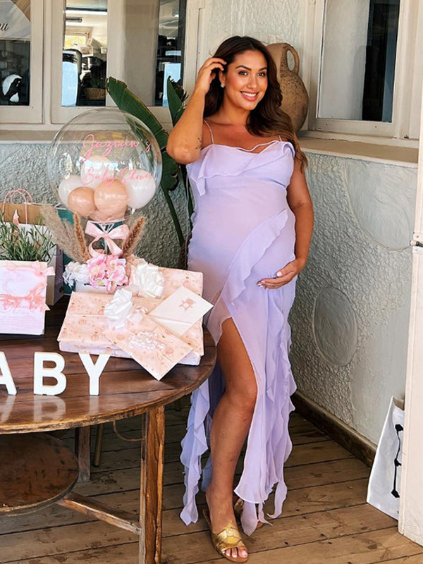 Momsmood Purple Ruffle Side Slit Falbala Cami Backless Elegant Vacation Evening Gown Maternity Photoshoot Baby Shower Maxi Dress