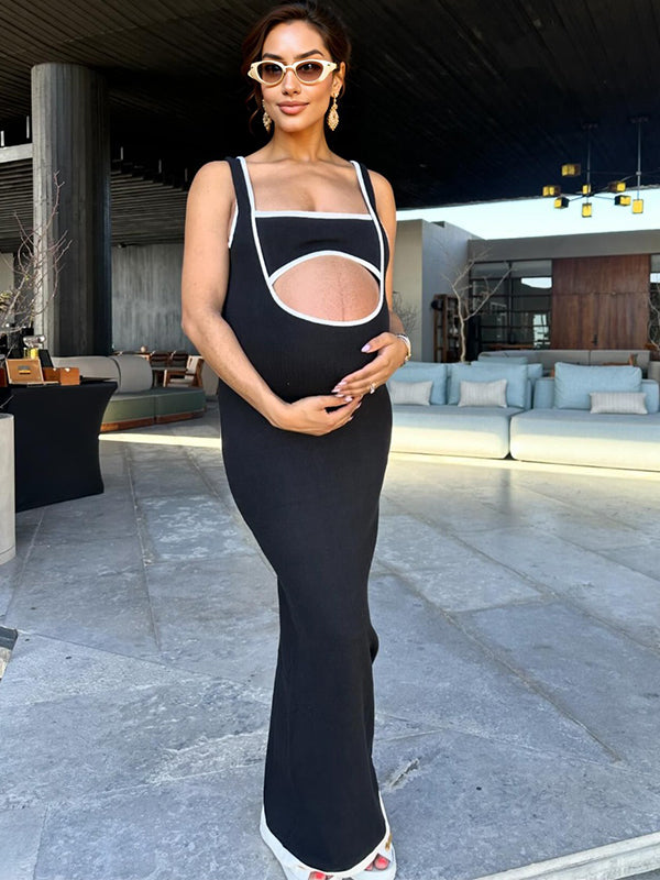 Momsmood Black Hit Color Cut Out Crop Backless U-neck Bodycon Knitted Tank Dress Chic Going Out Maternity Photoshoot Baby Shower Maxi Dress