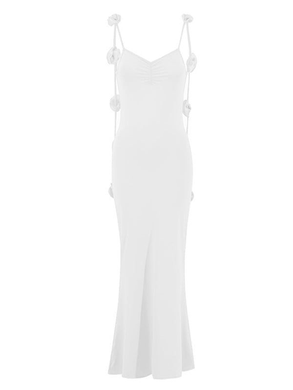 Momsmood White 3D Flowers Cami Backless V-neck Mermaid Evening Elegant Wedding Gown Maternity Photoshoot Baby Shower Maxi Dress