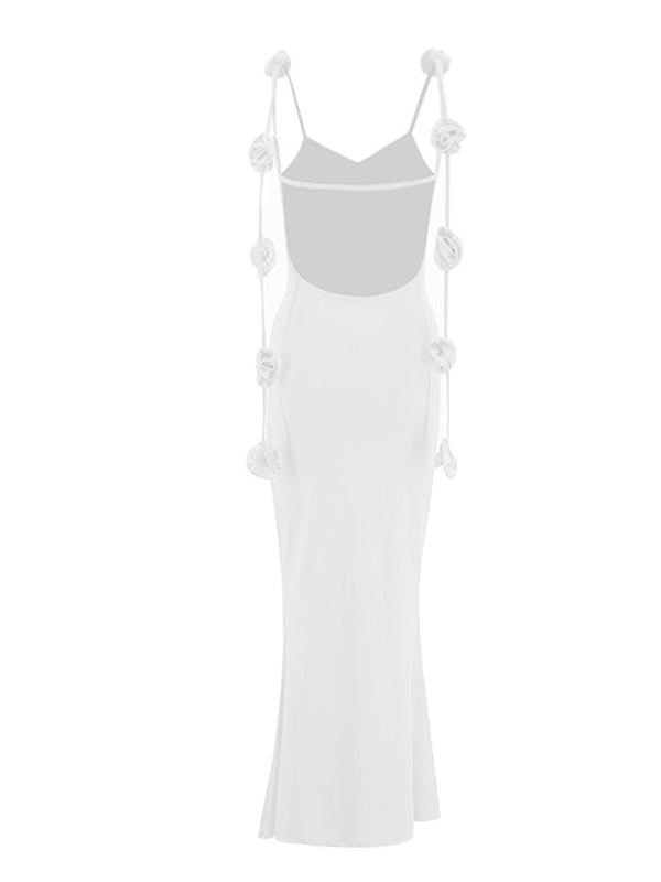 Momsmood White 3D Flowers Cami Backless V-neck Mermaid Evening Elegant Wedding Gown Maternity Photoshoot Baby Shower Maxi Dress