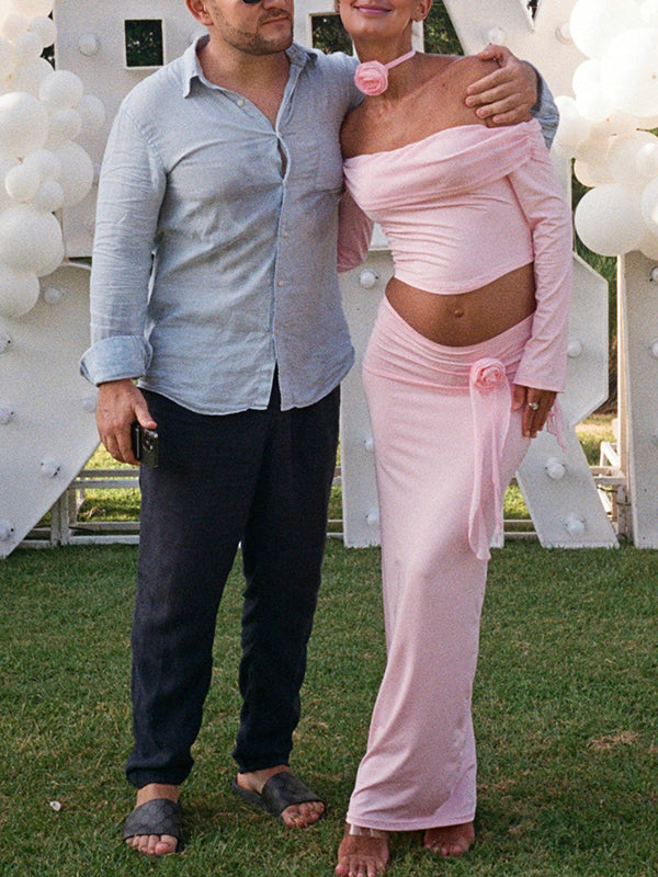 Momsmood Pink 3D Flowers Off Shoulder Ruffle Falbala Draped Two Piece Set Crop Top And Skirt Chic Going Out Vacation Maternity Photoshoot Baby Shower Maxi Dress