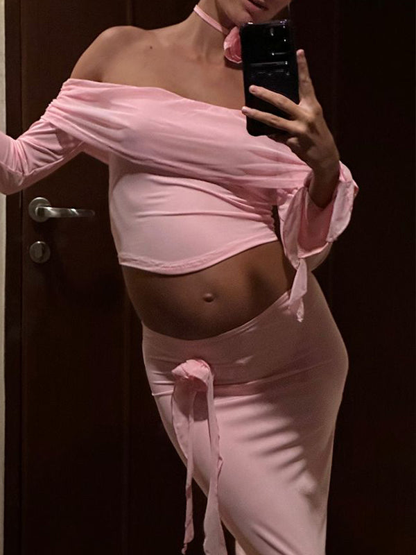 Momsmood Pink 3D Flowers Off Shoulder Ruffle Falbala Draped Two Piece Set Crop Top And Skirt Chic Going Out Vacation Maternity Photoshoot Baby Shower Maxi Dress