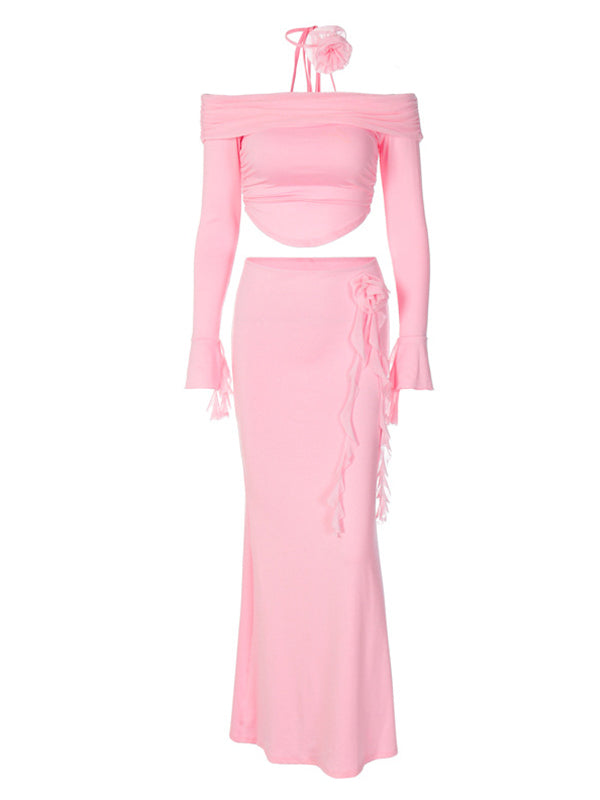 Momsmood Pink 3D Flowers Off Shoulder Ruffle Falbala Draped Two Piece Set Crop Top And Skirt Chic Going Out Vacation Maternity Photoshoot Baby Shower Maxi Dress