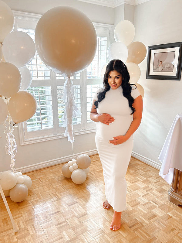 Momsmood Solid Color Round Neck Short Sleeve Bodycon Chic Basic Going Out Daily Maternity Baby Shower Maxi Dress