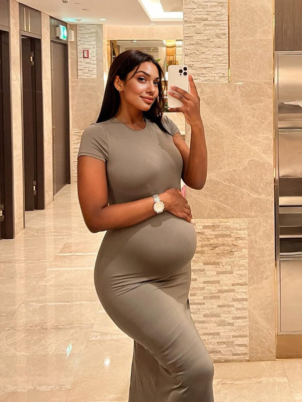 Momsmood Solid Color Round Neck Short Sleeve Bodycon Chic Basic Going Out Daily Maternity Baby Shower Maxi Dress