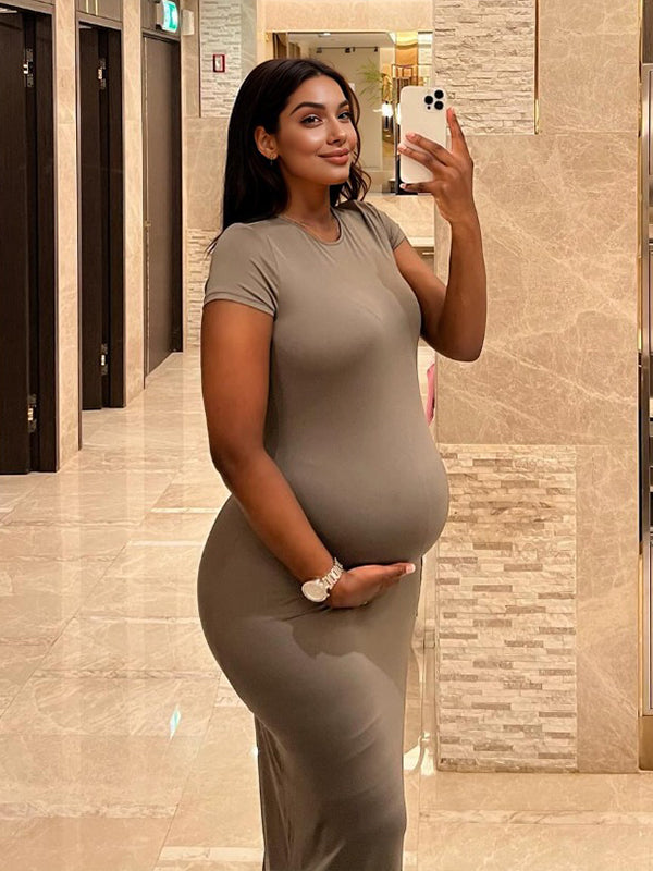 Momsmood Solid Color Round Neck Short Sleeve Bodycon Chic Basic Going Out Daily Maternity Baby Shower Maxi Dress