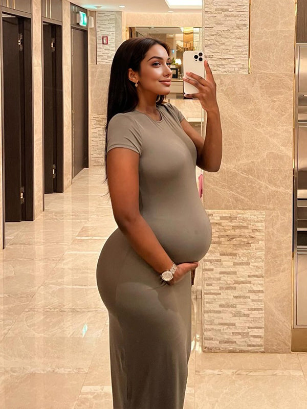 Momsmood Solid Color Round Neck Short Sleeve Bodycon Chic Basic Going Out Daily Maternity Baby Shower Maxi Dress