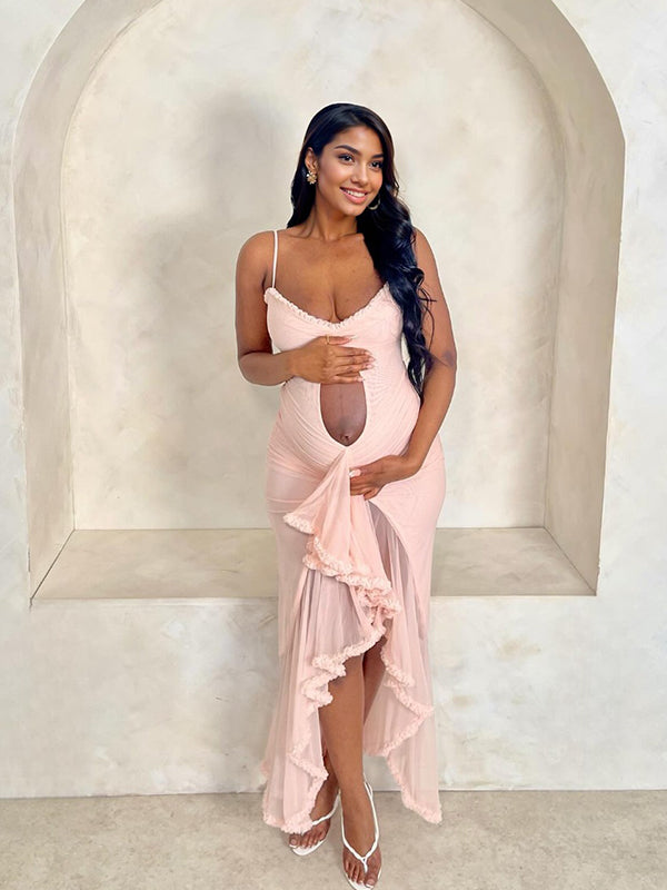 Momsmood Ruffle Tulle Cut Out Falbala Ruched Crop Slit Cami Mermaid Elegant Cocktail Party Maternity Photoshoot Baby Shower Maxi Dress