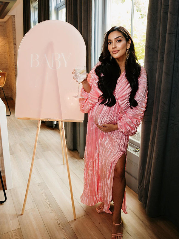 Momsmood Solid Color Satin Pleated Side Slit Backless Deep V-neck Dolman Sleeve Elegant Cocktail Wedding Guest Maternity Photoshoot Baby Shower Maxi Dress