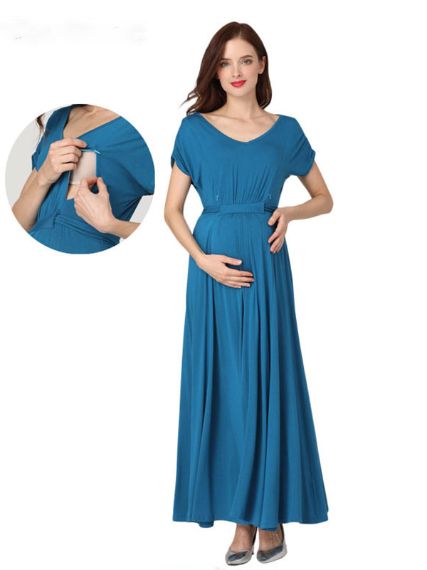 Momsmood Solid Color Adjustable Belt V-neck Short Sleeve Breastfeeding Elegant Going Out Daily Maternity Nursing Maxi Dress