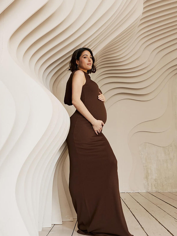 Momsmood Coffee Hooded Sleeveless Bodycon Chic Going Out Party Maternity Photoshoot Baby Shower Maxi Dress