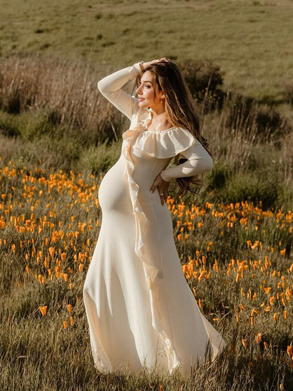 Momsmood Apricot Off Shoulder Side Slit Ruffle Falbala Draped Elegant Going Out Maternity Photoshoot Baby Shower Maxi Dress