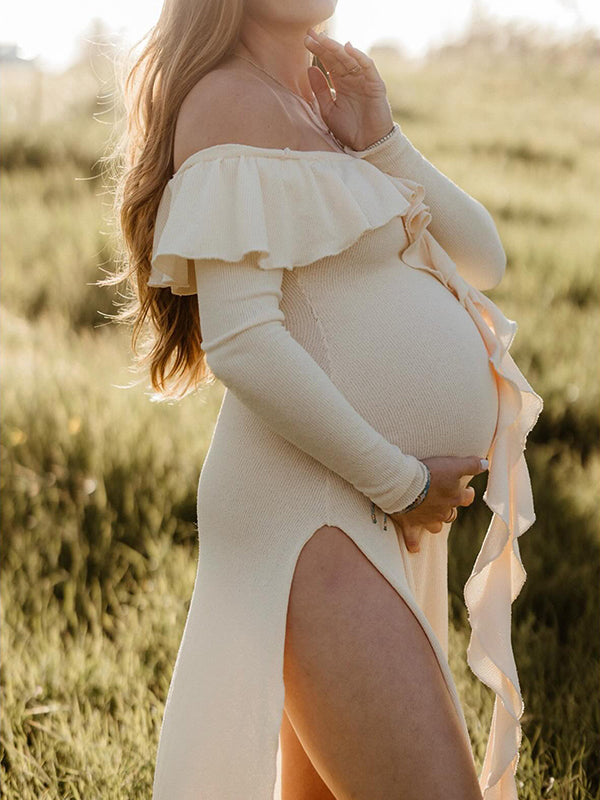 Momsmood Apricot Off Shoulder Side Slit Ruffle Falbala Draped Elegant Going Out Maternity Photoshoot Baby Shower Maxi Dress