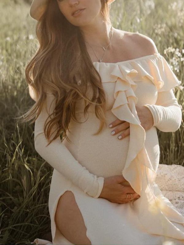 Momsmood Apricot Off Shoulder Side Slit Ruffle Falbala Draped Elegant Going Out Maternity Photoshoot Baby Shower Maxi Dress