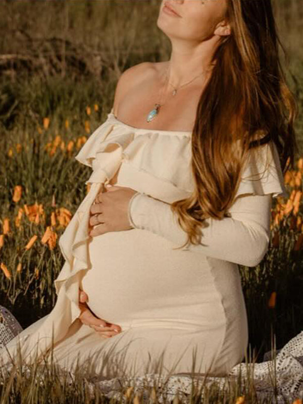 Momsmood Apricot Off Shoulder Side Slit Ruffle Falbala Draped Elegant Going Out Maternity Photoshoot Baby Shower Maxi Dress