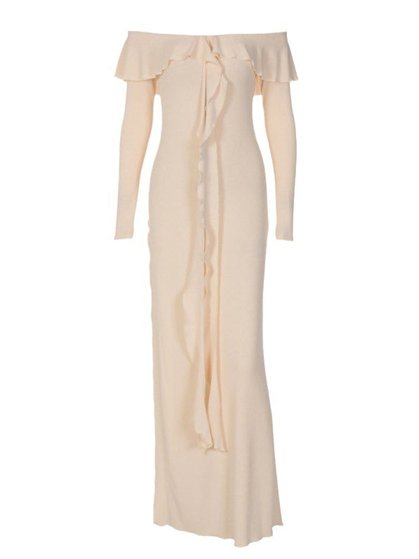 Momsmood Apricot Off Shoulder Side Slit Ruffle Falbala Draped Elegant Going Out Maternity Photoshoot Baby Shower Maxi Dress