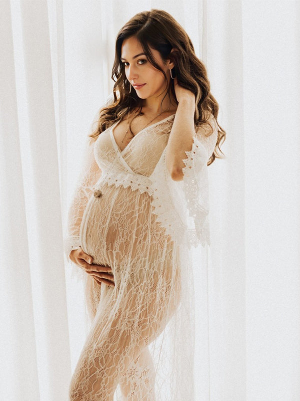 Momsmood White Lace Big Swing V-neck Flare Sleeve Elegant Sheer Maternity Photoshoot Maxi Dress