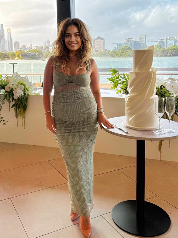 Momsmood Green Lace Cut Out Sheer Tank Bodycon Elegant Cocktail Maternity Photoshoot Baby Shower Maxi Dress