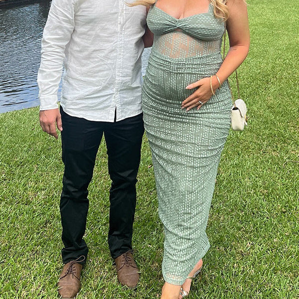 Momsmood Green Lace Cut Out Sheer Tank Bodycon Elegant Cocktail Maternity Photoshoot Baby Shower Maxi Dress