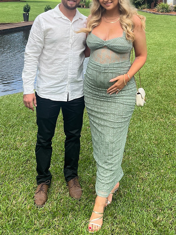 Momsmood Green Lace Cut Out Sheer Tank Bodycon Elegant Cocktail Maternity Photoshoot Baby Shower Maxi Dress