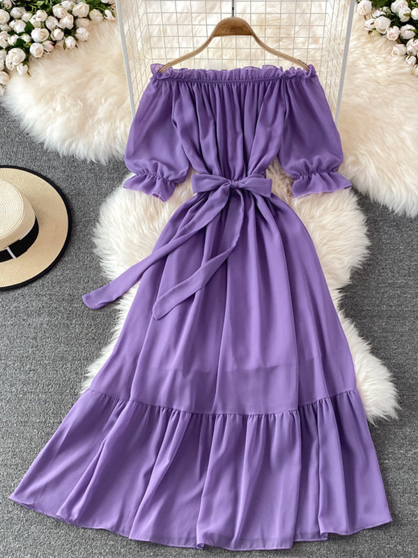 Momsmood Purple Chiffon Flowy Off Shoulder Belt Ruffle Falbala Big Swing Boho Beach Vacation Maternity Photoshoot Baby Shower Maxi Dress