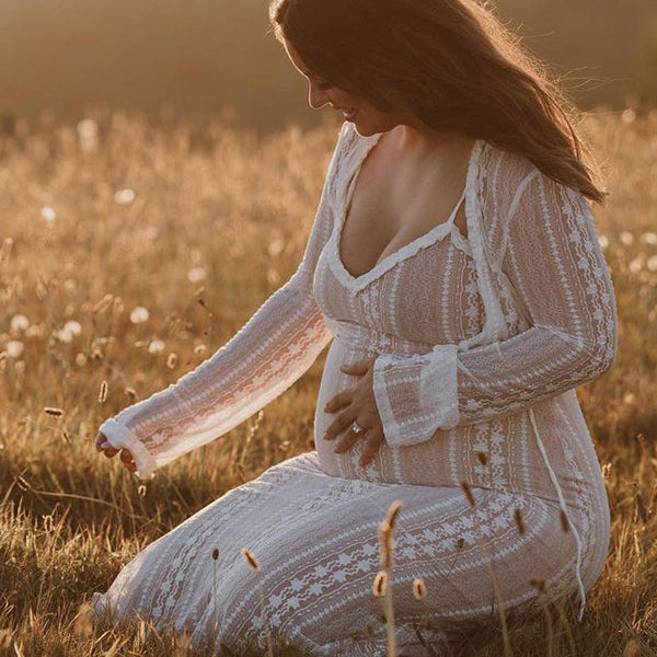 Momsmood Ivory Lace Two Piece Set Side Slit V-neck Cami Maxi Dress And Crop Cardigan Elegant Going Out Maternity Photoshoot Baby Shower Maxi Dress