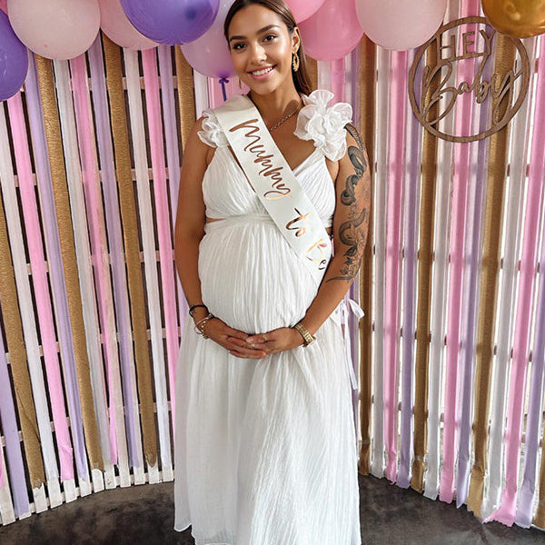 Momsmood White Flowy Big Swing Ruffle Falbala Backless Cami Elegant Beach Baby Moon Maternity Photoshoot Baby Shower Maxi Dress