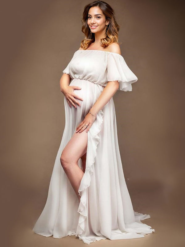 Momsmood Solid Color Off Shoulder Backless Ruffle Side Slit Chiffon Photoshoot Maternity Maxi Dress