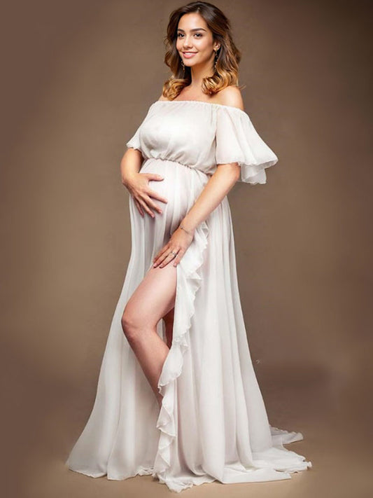 Momsmood Solid Color Off Shoulder Backless Ruffle Side Slit Chiffon Photoshoot Maternity Maxi Dress