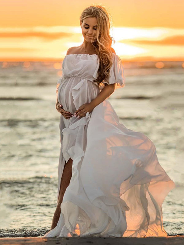 Momsmood Solid Color Off Shoulder Backless Ruffle Side Slit Chiffon Photoshoot Maternity Maxi Dress
