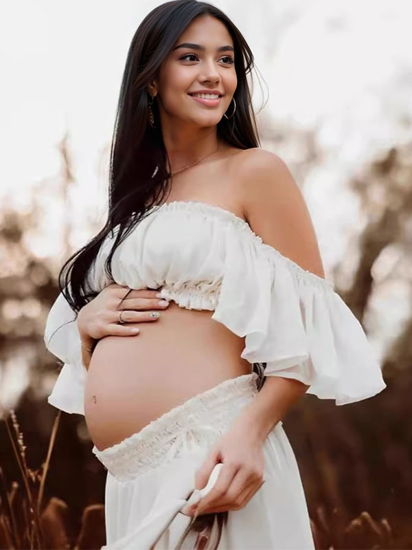 Momsmood Solid Color Bohemian Off Shoulder Backless Ruffle 2-in-1 Crop Cap Sleeve Side Slit Photoshoot Maternity Maxi Dress