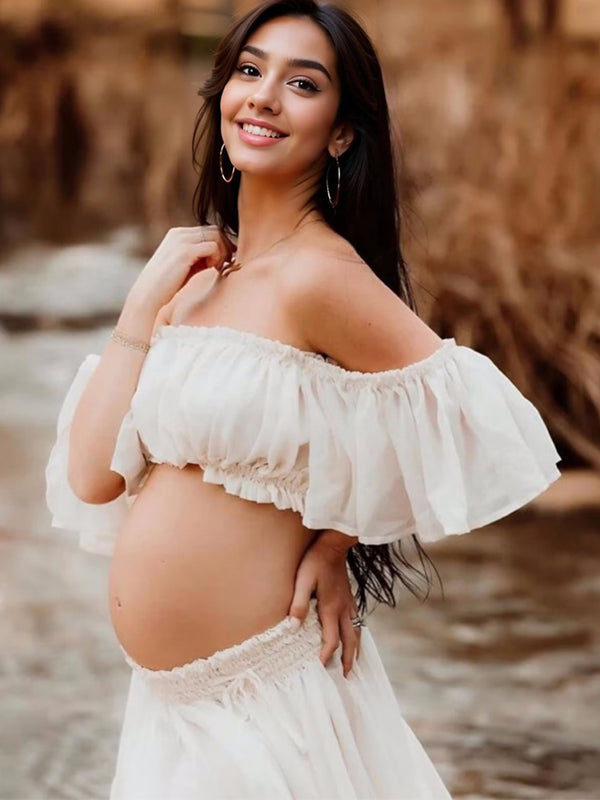 Momsmood Solid Color Bohemian Off Shoulder Backless Ruffle 2-in-1 Crop Cap Sleeve Side Slit Photoshoot Maternity Maxi Dress