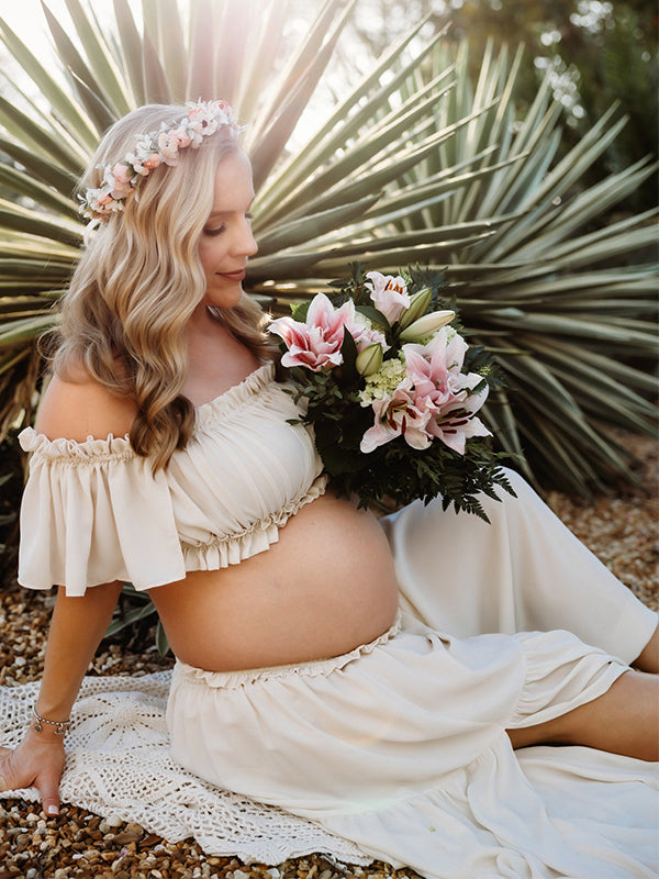 Momsmood Solid Color Bohemian Off Shoulder Backless Ruffle 2-in-1 Crop Cap Sleeve Side Slit Photoshoot Maternity Maxi Dress