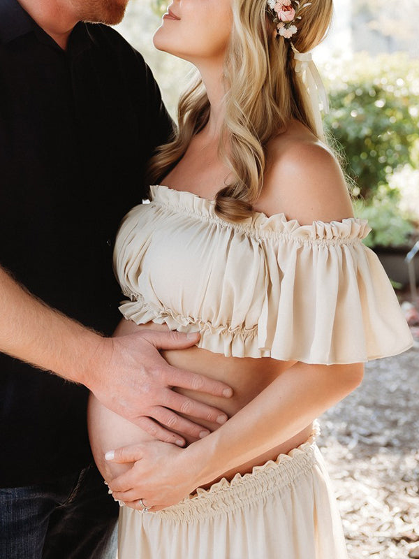 Momsmood Solid Color Bohemian Off Shoulder Backless Ruffle 2-in-1 Crop Cap Sleeve Side Slit Photoshoot Maternity Maxi Dress
