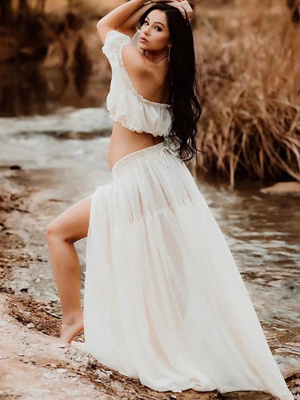 Momsmood Solid Color Bohemian Off Shoulder Backless Ruffle 2-in-1 Crop Cap Sleeve Side Slit Photoshoot Maternity Maxi Dress