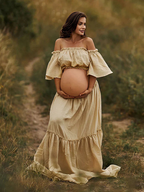 Momsmood Boho Solid Color Off Shoulder Backless Linen Cotton Ruffle 2-in-1 Crop Cap Sleeve Side Slit Photoshoot Maternity Maxi Dress