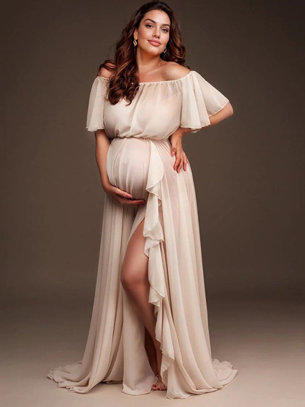 Momsmood Solid Color Off Shoulder Backless Ruffle Side Slit Chiffon Photoshoot Maternity Maxi Dress