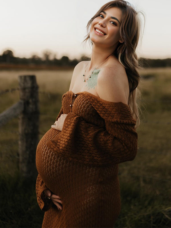 Momsmood Coffee Color V-Neck Knitting Cut Out Beach Vacation Photoshoot Maternity Maxi Dress