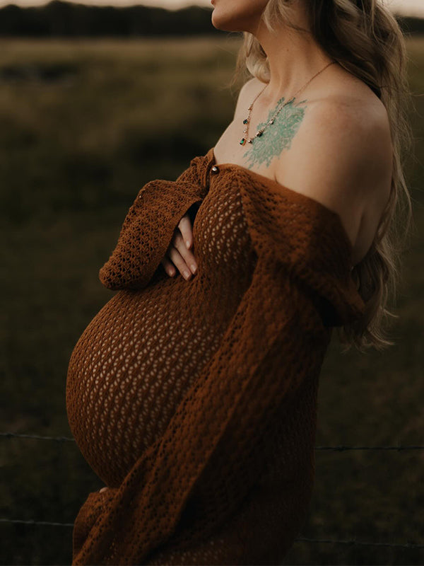 Momsmood Coffee Color V-Neck Knitting Cut Out Beach Vacation Photoshoot Maternity Maxi Dress