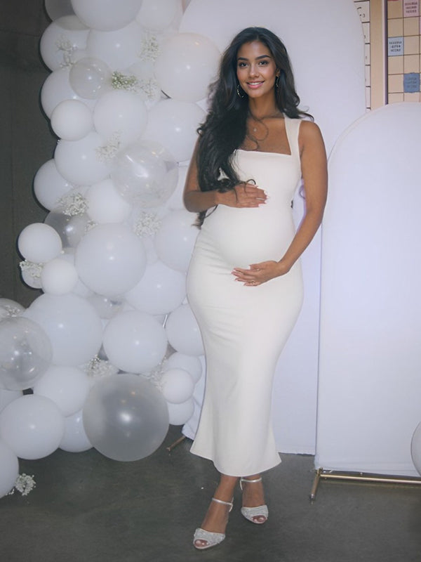 Momsmood Solid Color Spaghetti Strap Bodycon Mermaid Cocktail Party Babyshower Maternity Maxi Dress