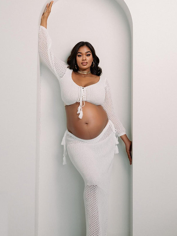 Momsmood White Drawstring Crop Sheer Knitting 2-in-1 Bodycon Mermaid Beach Vacatiom Photoshoot Maternity Maxi Dress