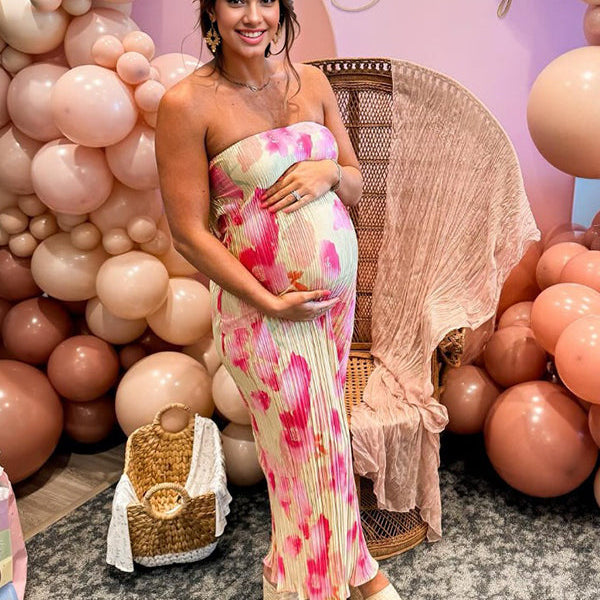 Momsmood Pleated Bandeau Backless Back Bowknot Tie Back Tie Dye Party Bodycon Mermaid Babyshower Maternity Maxi Dress