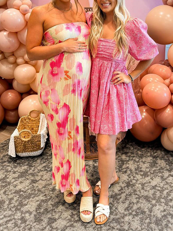 Momsmood Pleated Bandeau Backless Back Bowknot Tie Back Tie Dye Party Bodycon Mermaid Babyshower Maternity Maxi Dress