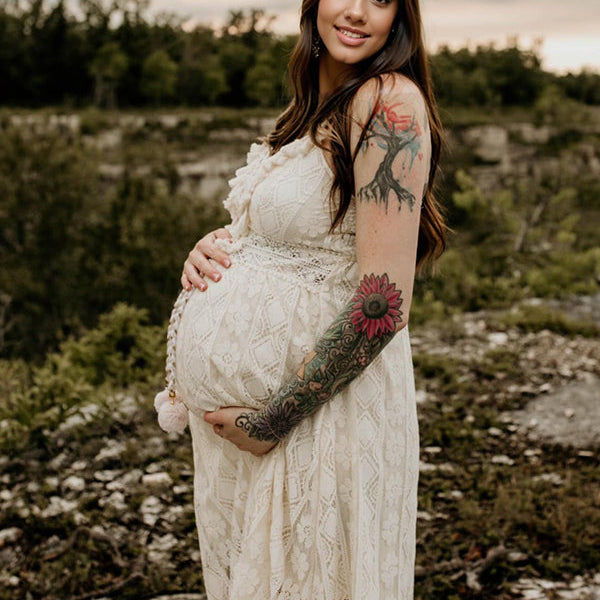 Momsmood Lace Bohemian Spaghetti Strap Tassel Backless V-Neck Photoshoot Maternity Maxi Dress